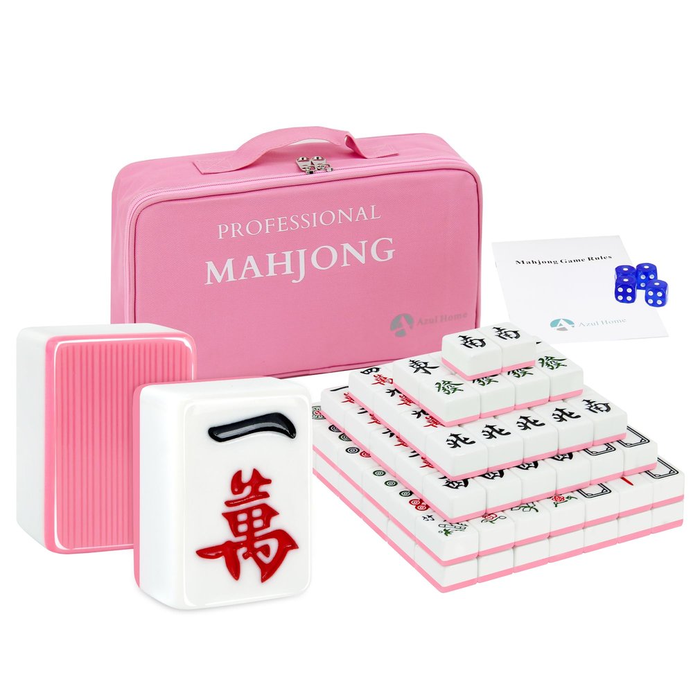 AzulHome Chinese Mahjong Game Set - 144 Large Melamine Mahjong Tiles(1.57'', Pink) with Storage Bag, 4 Dices, 80 Poker Chips, Professional Mahjong Set for Chinese, Pink
