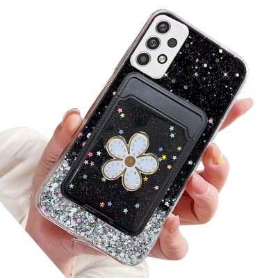 Rnrieyta Miagon Glitter Wallet Transparent Case for Samsung Galaxy A52 5G/4G/A52S,Card Slot Bumper Slim Fit Bling Star Soft Cover with Cute Flower Card Holder,Black