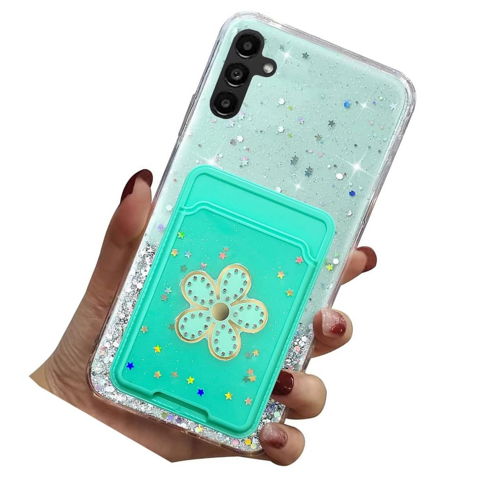 Rnrieyta Miagon Glitter Wallet Transparent Case for Samsung Galaxy A54 5G,Card Slot Bumper Slim Fit Bling Star Soft Cover with Cute Flower Card Holder,Green