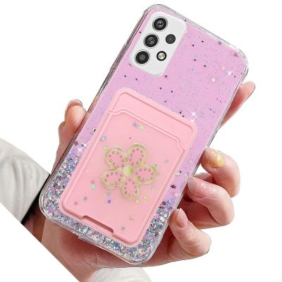 Rnrieyta Miagon Glitter Wallet Transparent Case for Samsung Galaxy A52 5G/4G/A52S,Card Slot Bumper Slim Fit Bling Star Soft Cover with Cute Flower Card Holder,Pink