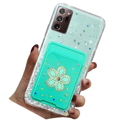 Rnrieyta Miagon Glitter Wallet Transparent Case for Samsung Galaxy Note 20,Card Slot Bumper Slim Fit Bling Star Soft Cover with Cute Flower Card Holder,Green