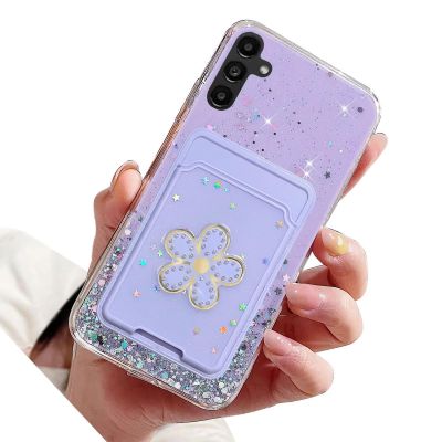 Rnrieyta Miagon Glitter Wallet Transparent Case for Samsung Galaxy A54 5G,Card Slot Bumper Slim Fit Bling Star Soft Cover with Cute Flower Card Holder,Purple