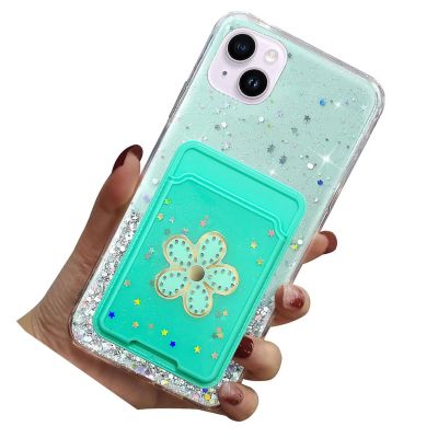 Rnrieyta Miagon Glitter Wallet Transparent Case for iPhone 15 Plus,Card Slot Bumper Slim Fit Bling Star Soft Cover with Cute Flower Card Holder,Green