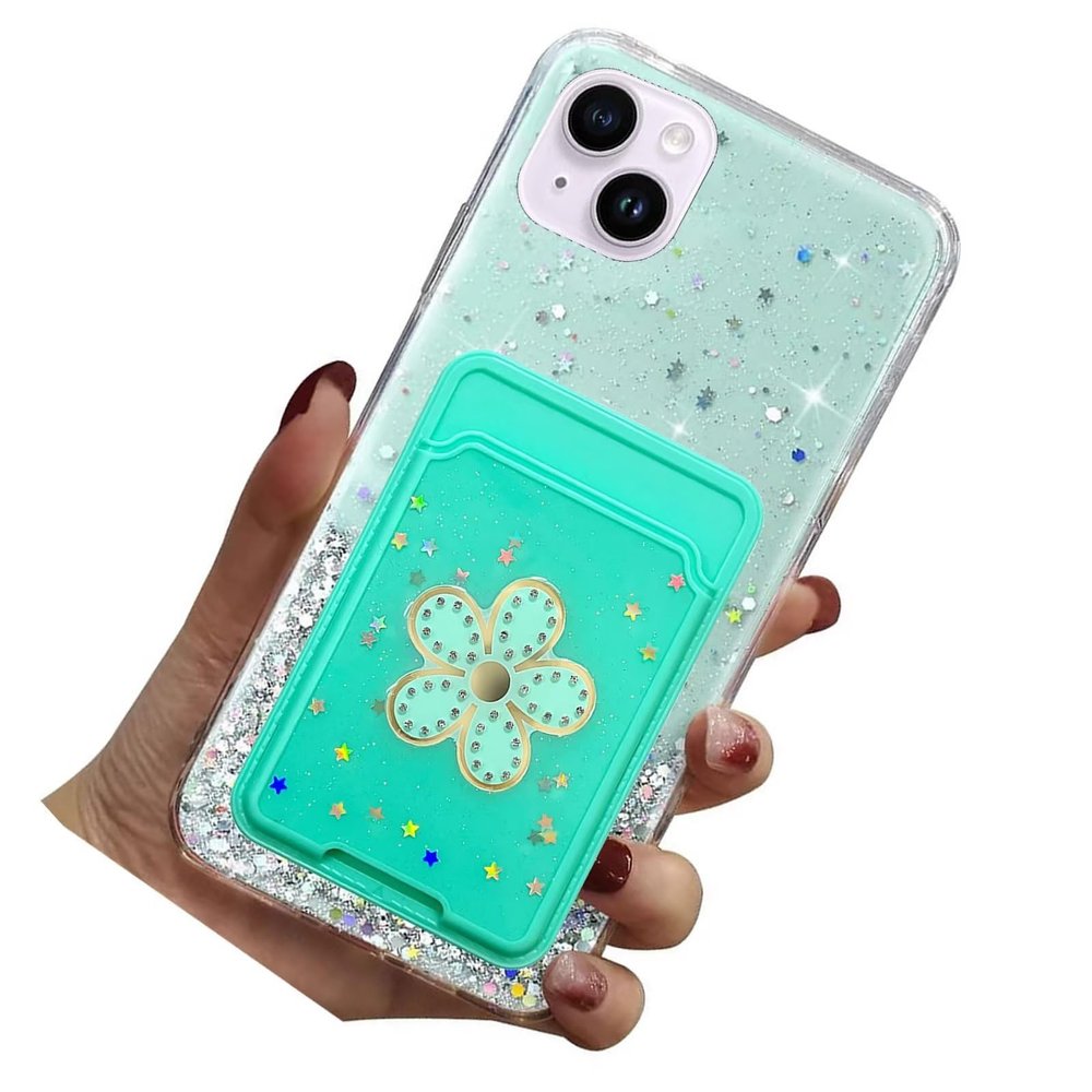 Rnrieyta Miagon Glitter Wallet Transparent Case for iPhone 15 Plus,Card Slot Bumper Slim Fit Bling Star Soft Cover with Cute Flower Card Holder,Green