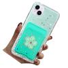 Rnrieyta Miagon Glitter Wallet Transparent Case for iPhone 15 Plus,Card Slot Bumper Slim Fit Bling Star Soft Cover with Cute Flower Card Holder,Green view 1