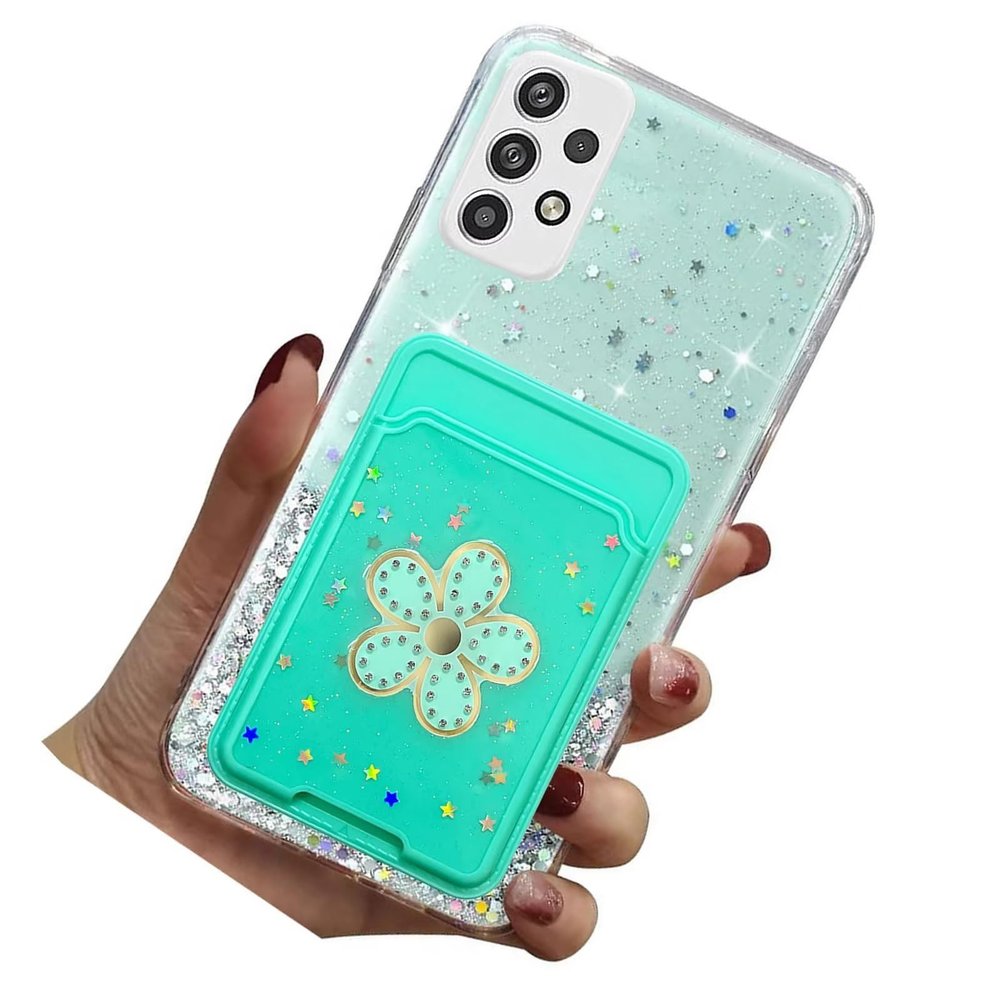 Rnrieyta Miagon Glitter Wallet Transparent Case for Samsung Galaxy A53 5G,Card Slot Bumper Slim Fit Bling Star Soft Cover with Cute Flower Card Holder,Green