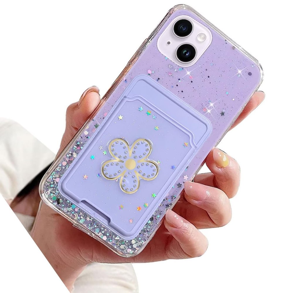 Rnrieyta Miagon Glitter Wallet Transparent Case for iPhone 14 Plus,Card Slot Bumper Slim Fit Bling Star Soft Cover with Cute Flower Card Holder,Purple