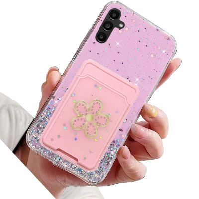 Rnrieyta Miagon Glitter Wallet Transparent Case for Samsung Galaxy A34 5G,Card Slot Bumper Slim Fit Bling Star Soft Cover with Cute Flower Card Holder,Pink
