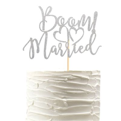 Arthsdite BOOM! Married Wedding Cake Topper, Funny Cake Topper, Quirky, Nerdy Topper, Married Bridal Shower, Engagement Wedding Party Supplies - Silver Glitter