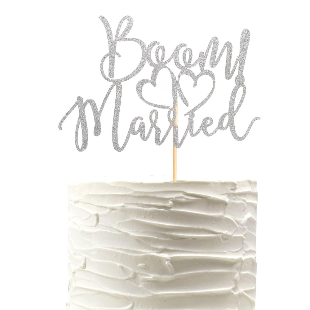 Arthsdite BOOM! Married Wedding Cake Topper, Funny Cake Topper, Quirky, Nerdy Topper, Married Bridal Shower, Engagement Wedding Party Supplies - Silver Glitter