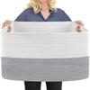 MEGASKET Extra Large Laundry Basket, Rectangle Woven Cotton Rope Storage Basket with Handles, Wicker Laundry Hamper, Farmhouse Storage Bin for Blankets Clothes Toys, Grey, 22" x 17" x 12" view 1