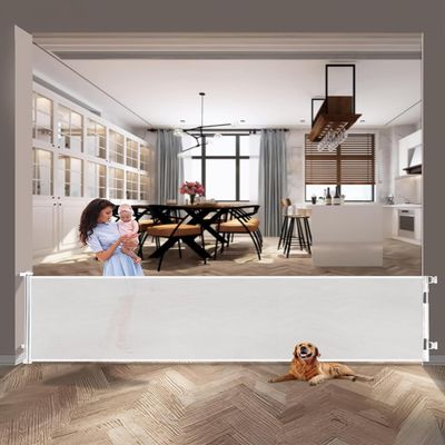 AOURMKOOP 197 Inch Extra Wide Retractable Baby Gate,Mesh Large Baby Gate or Mesh Pet Dog Gate, Opening Wide Extra Long Child Safety Gate for Indoor, Outdoor, Stairs, DeckWhite,33"x197")