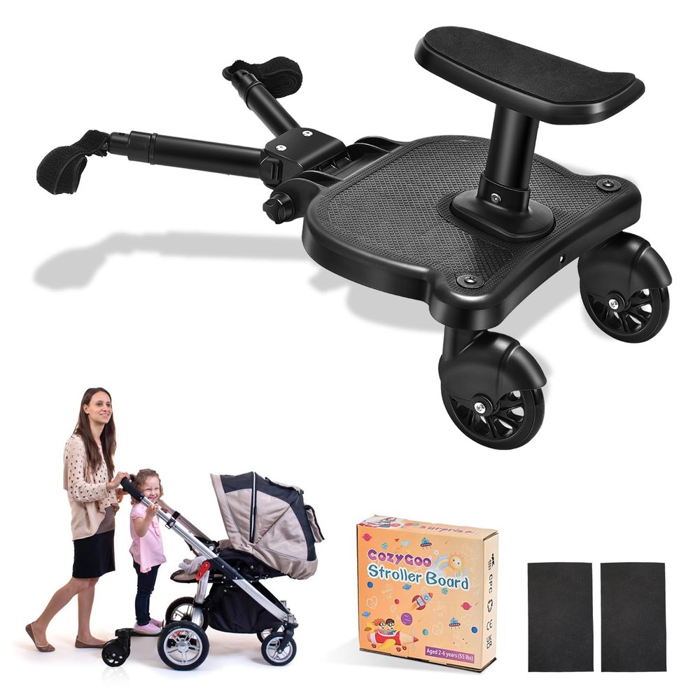 CozyGoo Universal Stroller Board, 2 in1 Sit and Stand Stroller Glider Board with Detachable Seat, Buggy Board Suitable for 99% of Strollers, for 2-6-year-old Children, Max Load 55lbs (Black)