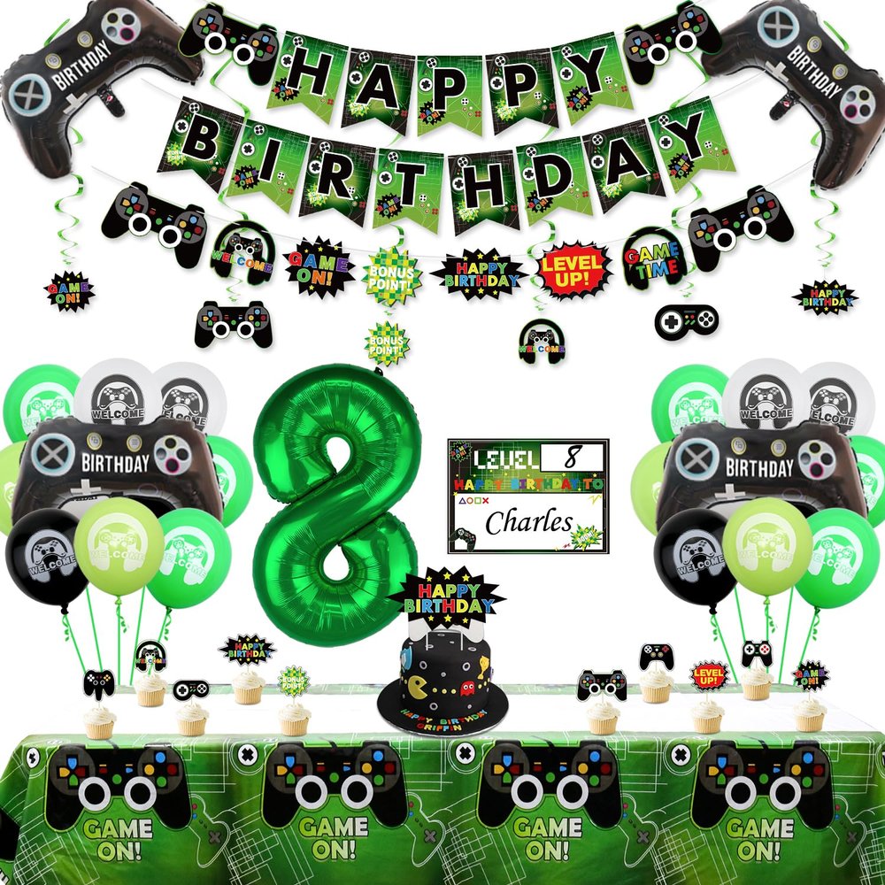 Video Game Party Decorations - 8th Birthday Decorations for Boys, HAPPY BIRTHDAY Banner, Video Game Tablecloth, Gaming Pattern Balloons, Controller Balloons, Gaming Hanging Sign, Gaming Birthday Party