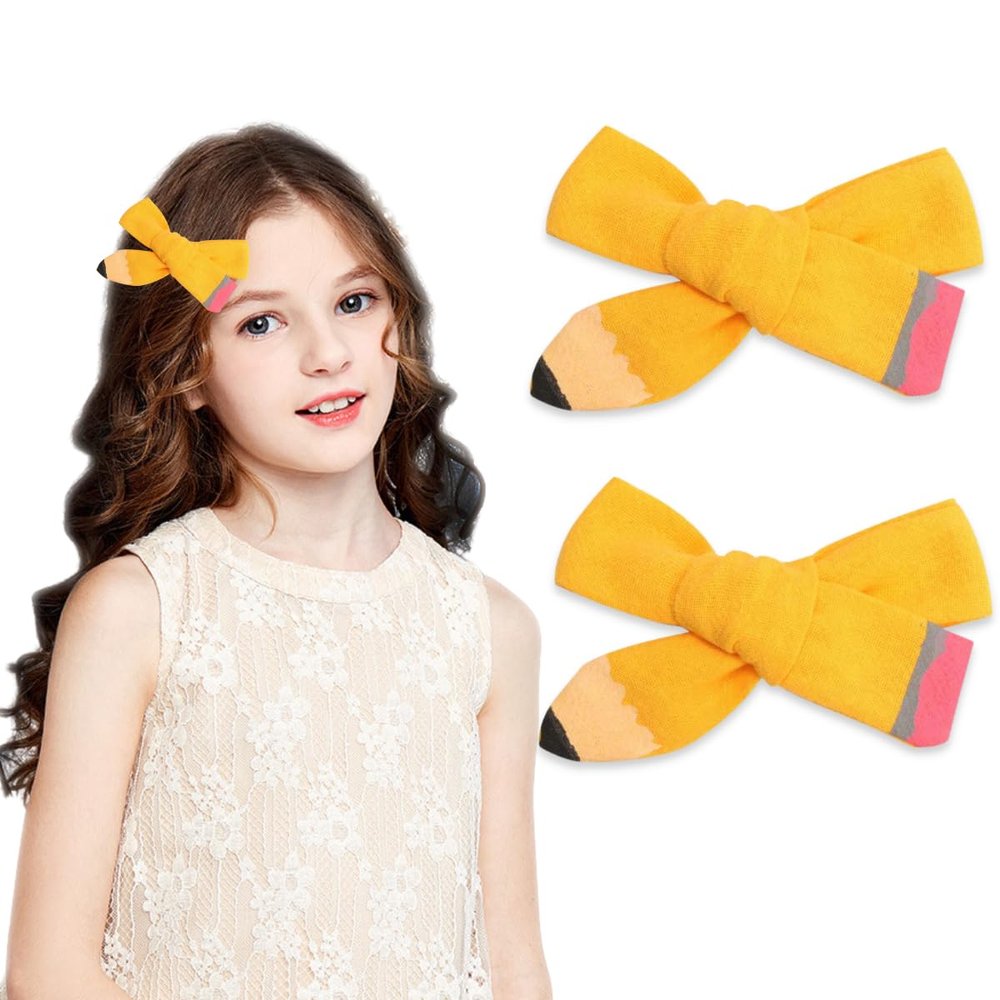 Bow Hair Clips Yellow Hairpin Hair Accessories for Girls Back to School Hair Bows Pencil Design Cute Clips Non-slip Hair Decorations Bowknot Clips for Hair Styling 2Pcs