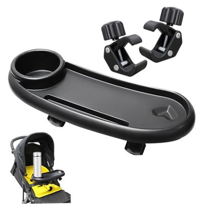1PC Baby Stroller Snack Tray with Cup Holder and Phone Holder Universal Pram Snack Tray Removable Reusable Pram Food Tray Non-Slip Grip Clip for Stroller Bar Black.