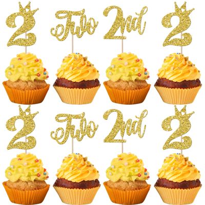 24 Pack 2nd Birthday Cupcake Toppers - Glitter & Crown Happy Birthday Cake Decorations for Baby Shower or Party Supplies - Gold
