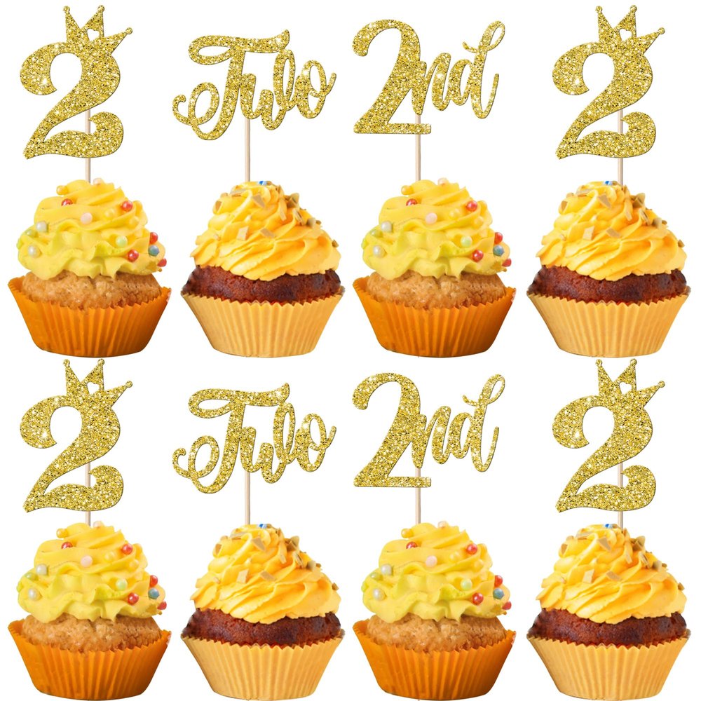 24 Pack 2nd Birthday Cupcake Toppers - Glitter & Crown Happy Birthday Cake Decorations for Baby Shower or Party Supplies - Gold