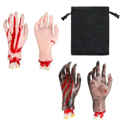4Pcs Halloween Severed Hands Set With Storage Bag Scary Fake Bloody Broken Hands Terror Realistic Severed Arm Horror Bloody Dead Body Parts Prank Party Props for Haunted House Halloween Decoration