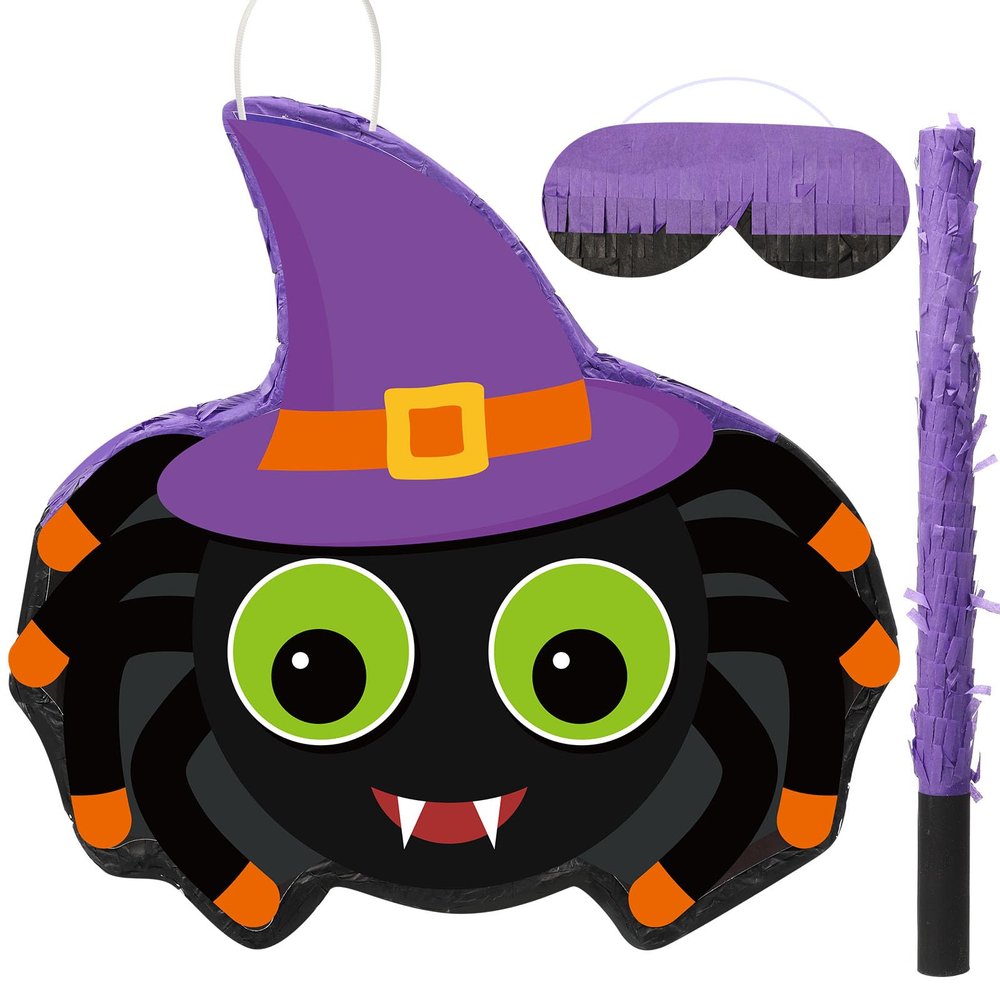 Aoriher Spider Piata Halloween Scary Piata Mexican Spooky Piata with Stick Blindfold and Confetti Fillable Candy Game Supplies for Birthday Fiesta Celebration Halloween Party Decorations