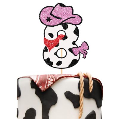 Cowgirl Happy 8th Birthday Cake Topper, Eight Cake Decor for Girl, My 8th Rodeo Western Birthday Party Decoration, Wild West Themed Party Supplies - Pink & Brown Glitter