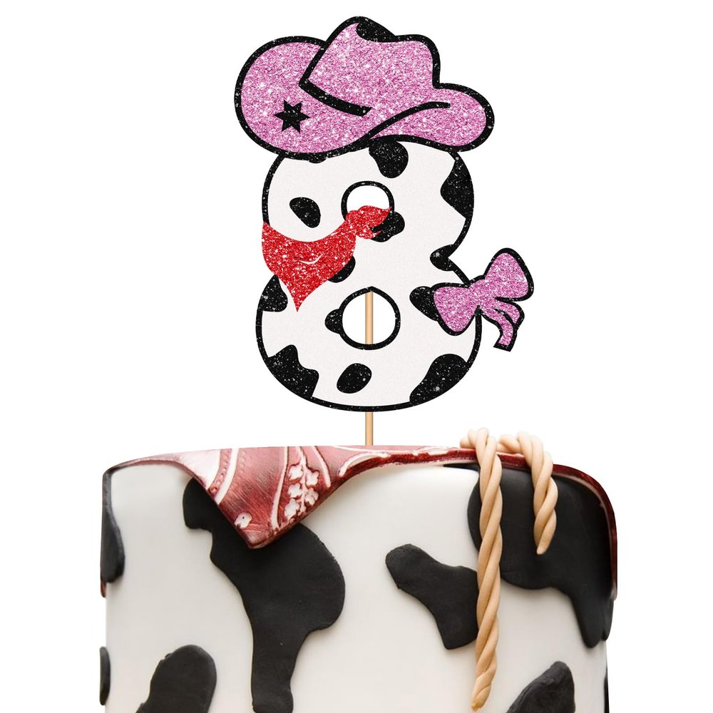 Cowgirl Happy 8th Birthday Cake Topper, Eight Cake Decor for Girl, My 8th Rodeo Western Birthday Party Decoration, Wild West Themed Party Supplies - Pink & Brown Glitter