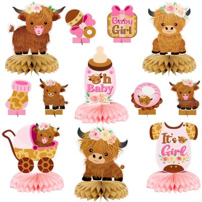 12 Pcs Pink Highland Cow Honeycomb Centerpieces - Floral Highland Cattle Baby Shower Party Table Decoration - It's a Girl Gender Reveal Cutout Welcome Baby Party Table Topper Photo Prop Decor