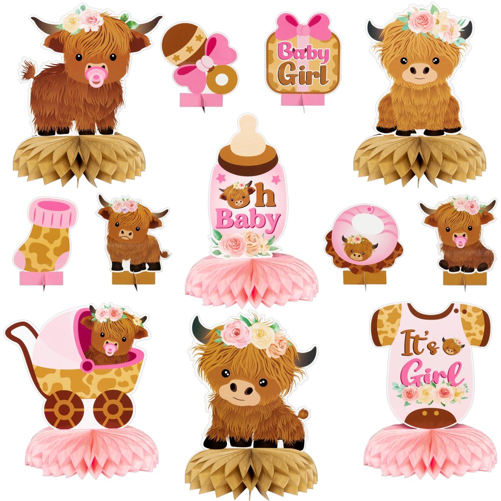 12 Pcs Pink Highland Cow Honeycomb Centerpieces - Floral Highland Cattle Baby Shower Party Table Decoration - It's a Girl Gender Reveal Cutout Welcome Baby Party Table Topper Photo Prop Decor