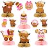 12 Pcs Pink Highland Cow Honeycomb Centerpieces - Floral Highland Cattle Baby Shower Party Table Decoration - It's a Girl Gender Reveal Cutout Welcome Baby Party Table Topper Photo Prop Decor view 1