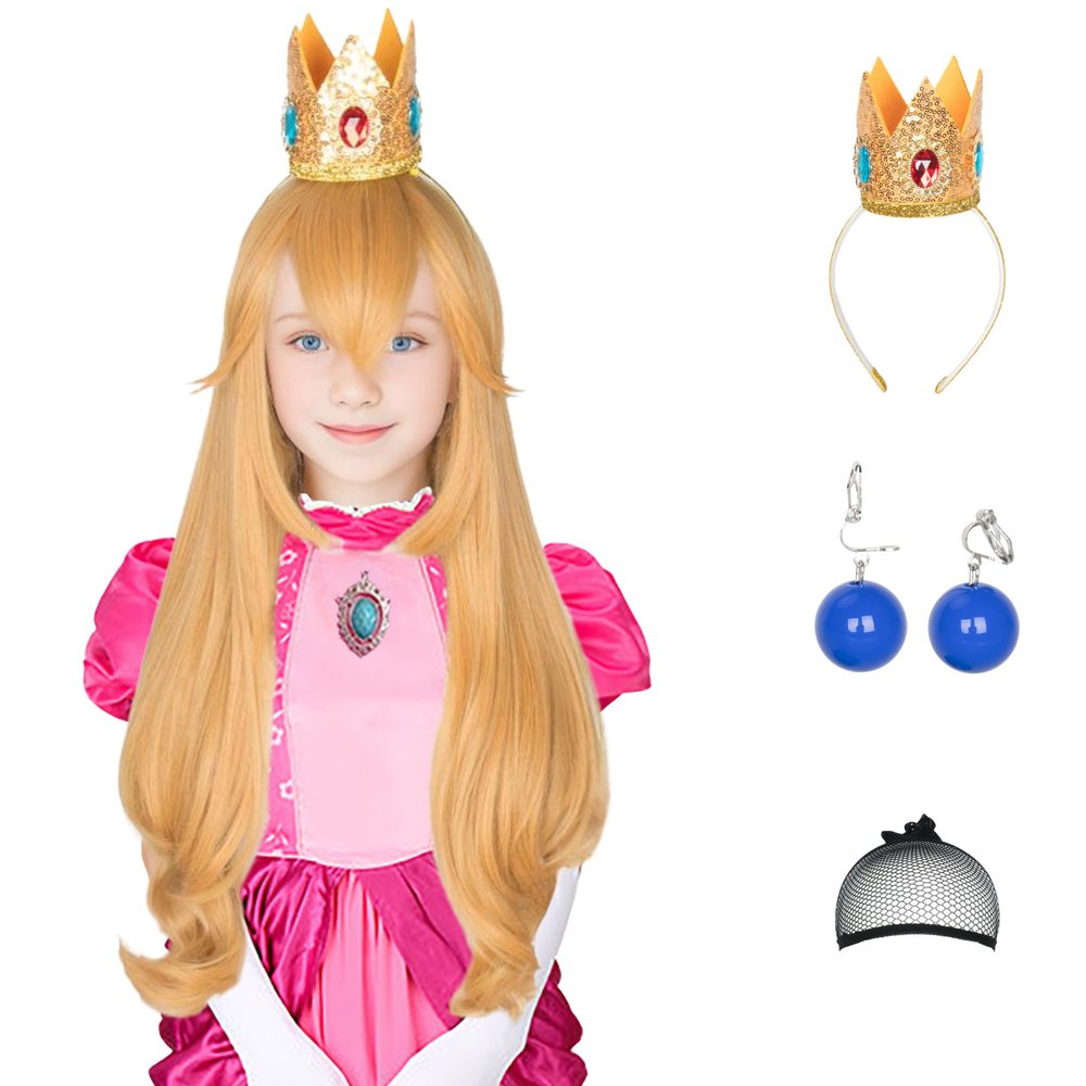 Miss U Hair Long Wavy Golden Princess Wig with Crown and Earrings Cosplay Party Wig