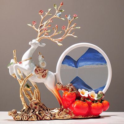 CHDGSJ Creative Resin Deer Sculpture with Moving Sand Art Liquid Motion, 3D Dynamic Sand Art, Deer Sculpture Hourglass Home Decoration Flowing Sand Work Housewarming Gift (E)