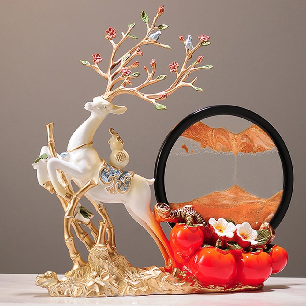 CHDGSJ Creative Resin Deer Sculpture with Moving Sand Art Liquid Motion, 3D Dynamic Sand Art, Deer Sculpture Hourglass Home Decoration Flowing Sand Work Housewarming Gift (D)