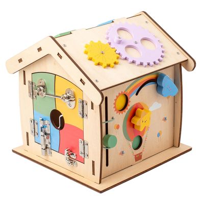 Almencla Busy Board Wooden House Sensory Toy 14 in 1 Basic Life Skills Early Education Wooden Activity House for Kindergarten Children Birthday Gift