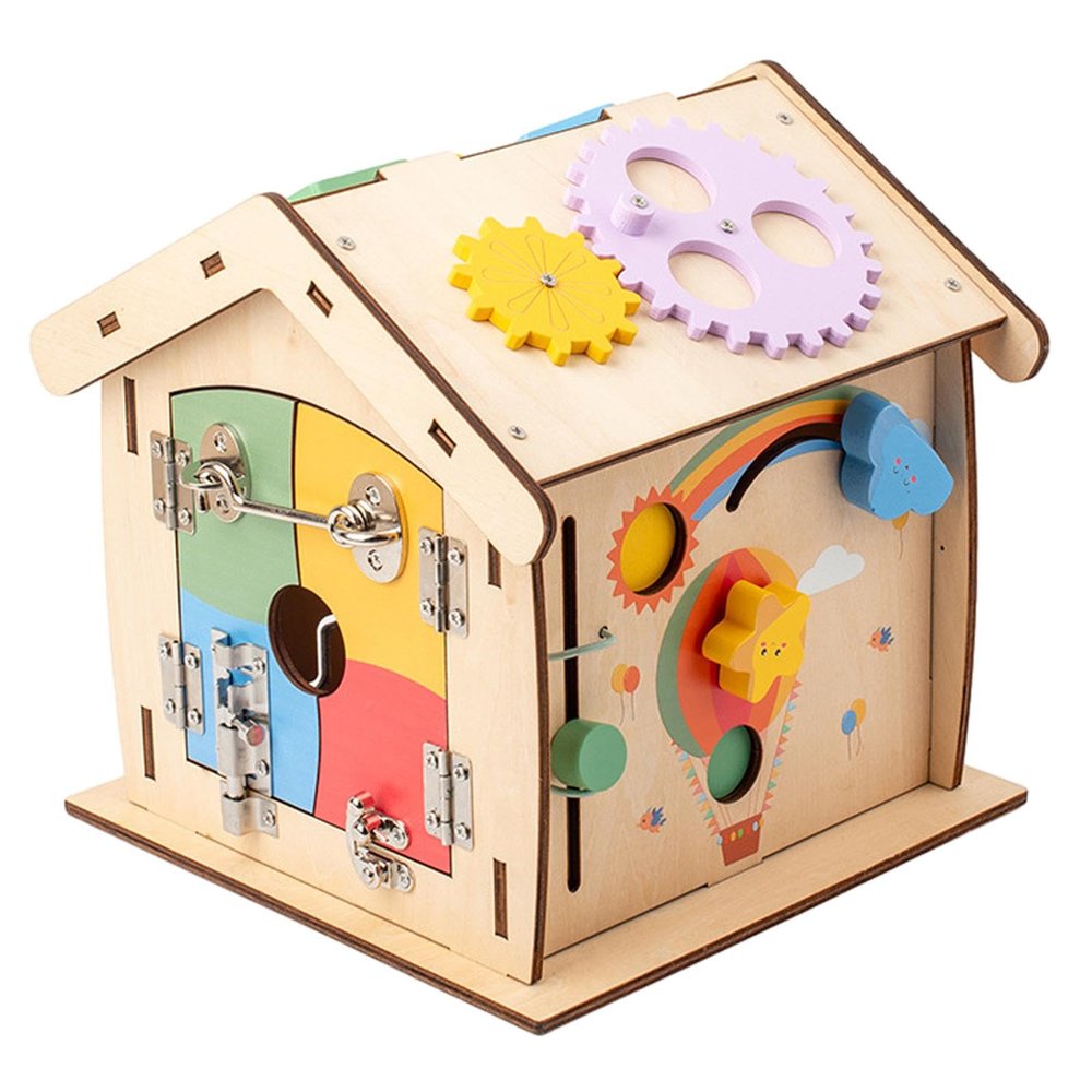 Almencla Busy Board Wooden House Sensory Toy 14 in 1 Basic Life Skills Early Education Wooden Activity House for Kindergarten Children Birthday Gift