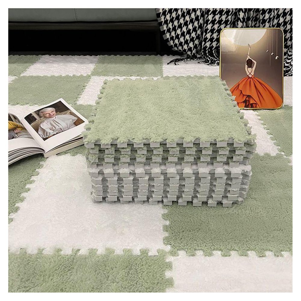 10 Pcs Interlocking Plush Foam Mat, Foam Carpet Tiles with Border, 12"x12" Puzzle Play Mat, Soft Area Rugs for Exercise, Yoga, Playroom(Color:White+Green)
