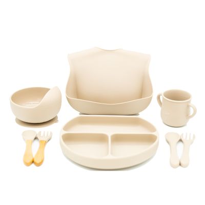 Baby Led Weaning Feeding Set - BPA Free - Foodgrade Silicone - Strong Suction Plate & Bowl - Silicone Bib - Training Cup - 2 Fork & Spoon Sets - Almond Baby Tableware Set for 6 Months & Older
