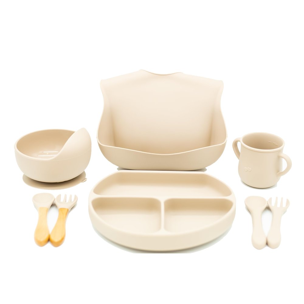 Baby Led Weaning Feeding Set - BPA Free - Foodgrade Silicone - Strong Suction Plate & Bowl - Silicone Bib - Training Cup - 2 Fork & Spoon Sets - Almond Baby Tableware Set for 6 Months & Older