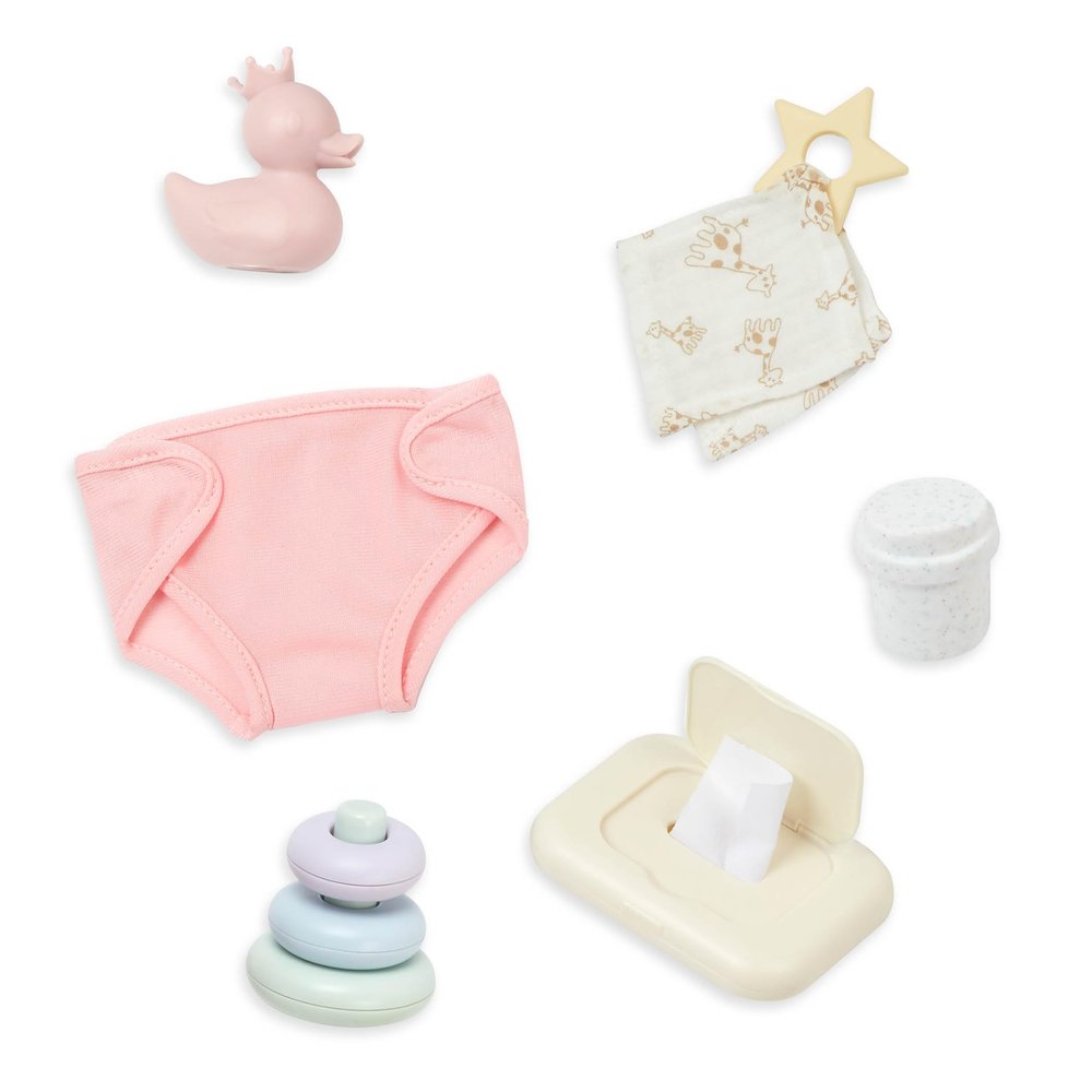 LullaBaby  9 Pieces Changing Set  Diaper, Baby Wipes & Stacking Rings 14-Inch Baby Doll Accessories  Pretend Play 2+ Years  Play & Care Set