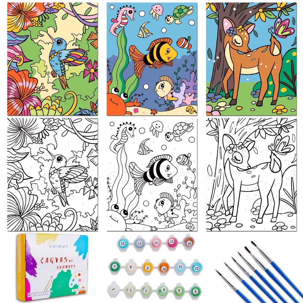 3 Pack Paint by Numbers for Kids Ages 8-12, 10*8"Color by Number for Kids Framed Canvas with 17 Acrylic Paint Pots and 6 Brushes, Kids'paint by number, Arts and Crafts Art Supplies for Kids 9-12