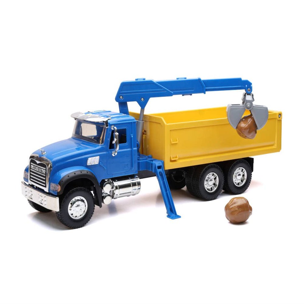 NewRay Toys Mack Granite Dump Truck with Crane 1:18 Scale Long Haul Trucker Playset, Kids, Gifts, Birthdays