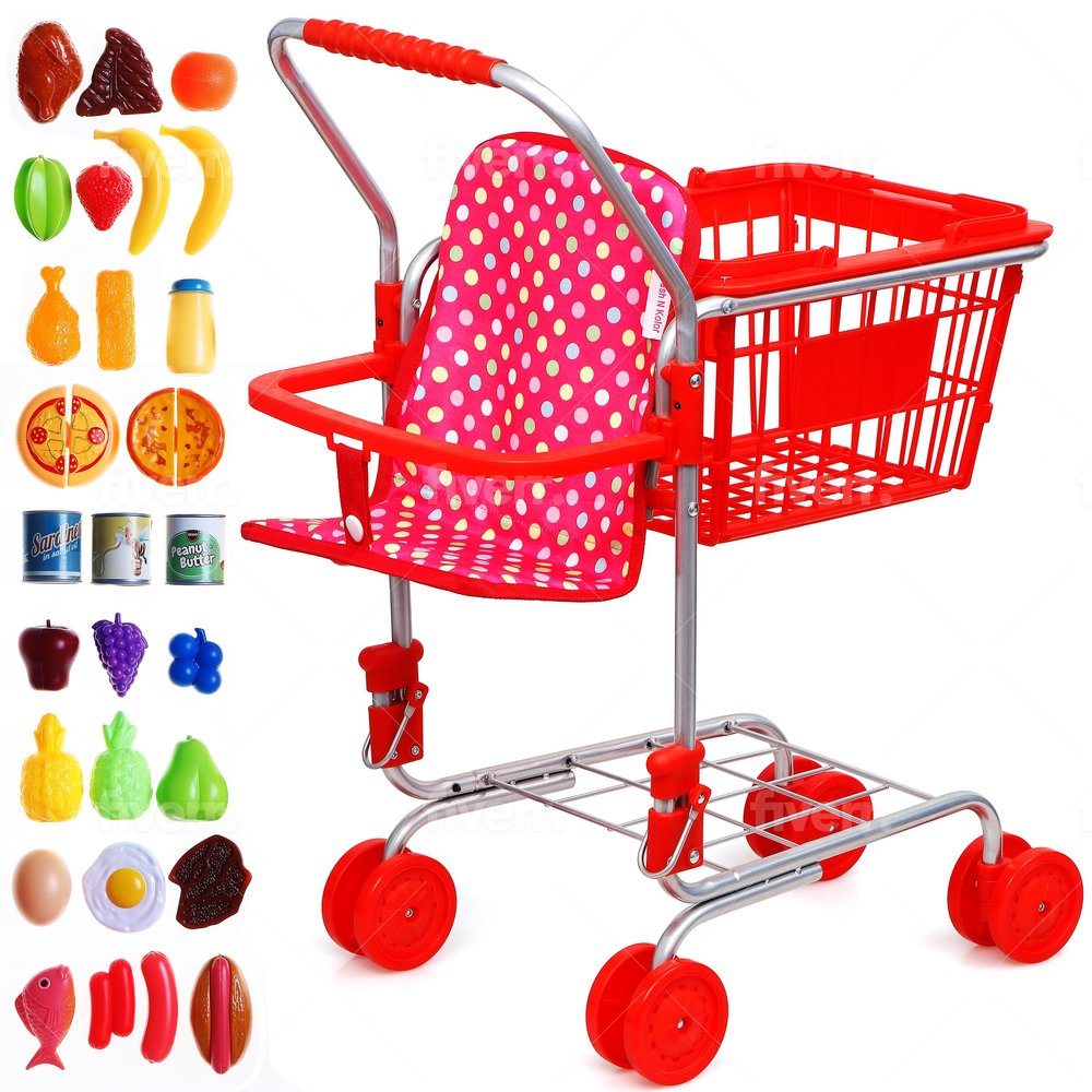 Shop 'N' Go Toy Shopping Cart for Kids and Toddler - Includes Food - Folds for Easy Storage - with Sturdy Metal Frame Pretend Play Food Role Play, Educational Toy (Doll Not Included)