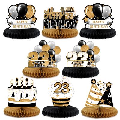LINGTEER Happy 23rd Birthday Black & Gold Paper Table Topper Centerpieces Set - 8 Pcs Cake Star Balloon 23 Years Old Birthday 23rd Bday Party Gift Decorations Sign.