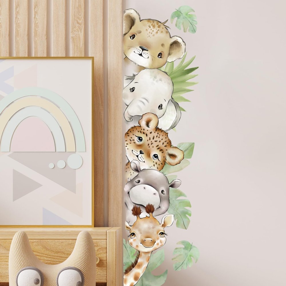 55.12 x 15.75 InchWatercolor Jungle Animal Wall Decals Tiger Elephant Zebra Giraffe Hippo Forest Wall Stickers Removable Peel and Stick Stickers for Baby Nursery Playroom Bedroom Classroom