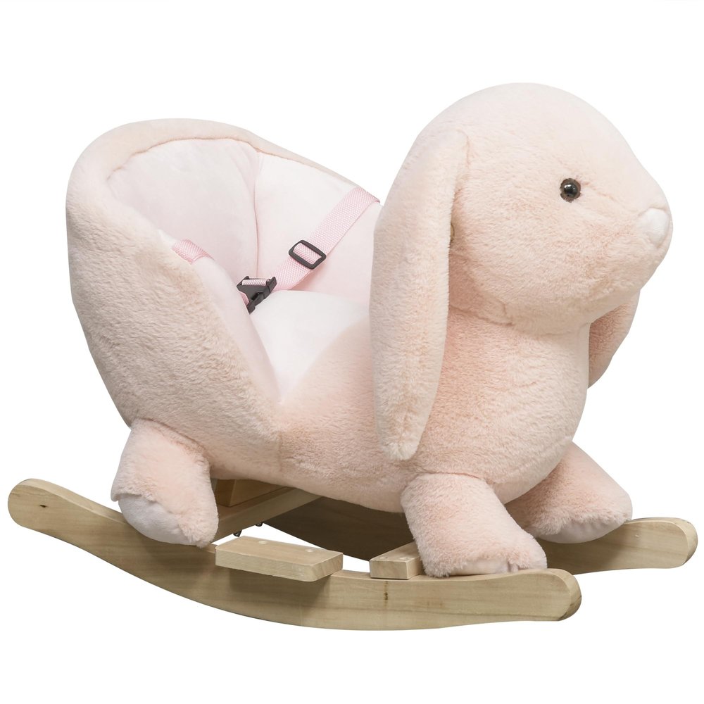 Qaba Baby Rocking Horse, Plush Rabbit Animal Rocker with Simulated Sound, Wooden Base, Seat Belt, Stuffed Rocking Chair for Toddler 18-36 Months, Pink