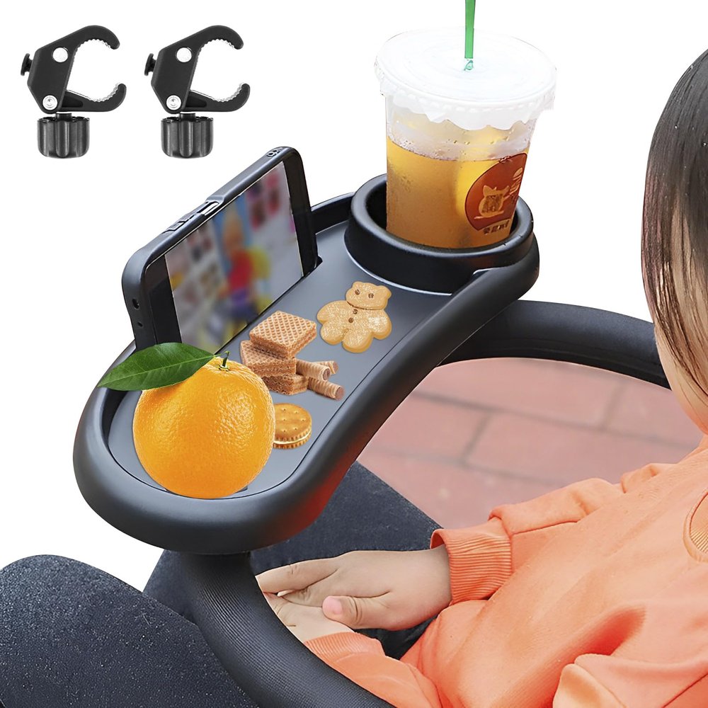 Wekvgz Stroller Snack Tray with Cup Holder Universal Stroller Food Tray Removable, Non-Slip Grip Clip for Stroller Bar Reusable Stroller Snacks Holder for Strollers with Round Armrests