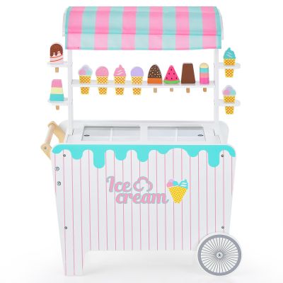 Costzon Ice Cream Cart Playset, Wooden Grocery Store w/Display Rack & Shelves, Frozen Compartment, 2 Large Wheels, Push Handle, 16 PCS Play Food, Toddler Ice Cream Trunk Toy Set for Boys Girls 3+