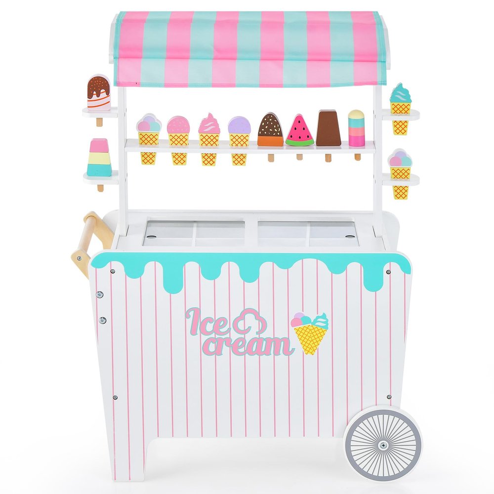 Costzon Ice Cream Cart Playset, Wooden Grocery Store w/Display Rack & Shelves, Frozen Compartment, 2 Large Wheels, Push Handle, 16 PCS Play Food, Toddler Ice Cream Trunk Toy Set for Boys Girls 3+