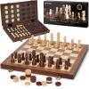 2 in 1 Magnetic Wooden Chess and Checkers Board Game Set, 15" Folding Chess Boards with 2 Extra Queens, Portable Travel Chess Sets with Pieces Storage Slots, Beginner Chess Game Set for Kids, Adults view 1