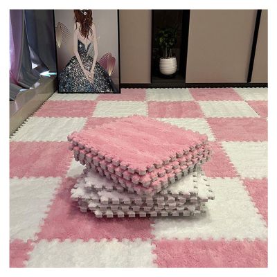 100Pcs Plush Puzzle Foam Floor Mat, Soft Thick Interlocking Plush Foam Tiles for Room Floor Bedroom, Puzzle Play Mat for Playroom 12"x12"(Color:White+Pink)