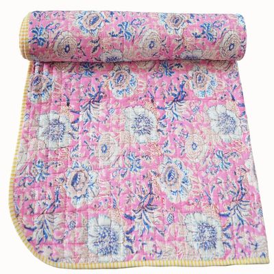 Aashita Creations Toddler Hand Work Kantha Cotton Baby Quilt, Bedspread Throw Floral Printed Baby Quilt_1041